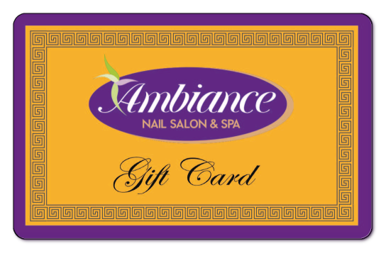 Ambiance Nail Salon and Spa logo over purple and yellow background, card features greek key design border